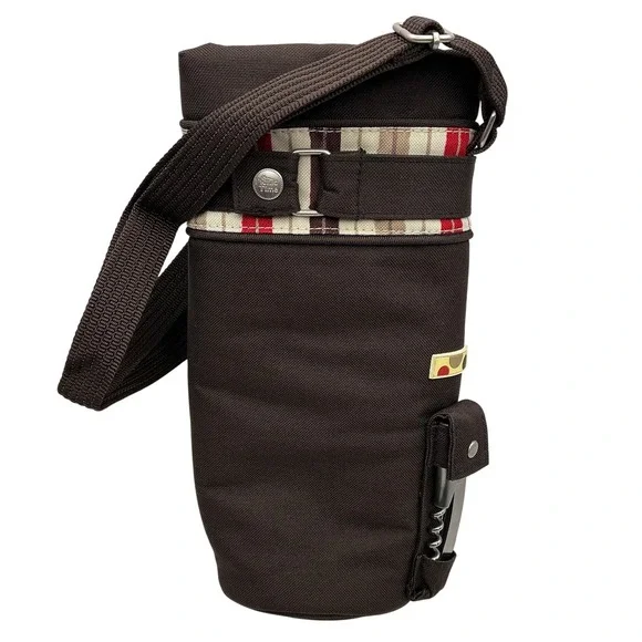 Picnic Time Insulated Wine Bottle Carrier Bag Brown Canvas Plaid with Corkscrew - Picture 2 of 3